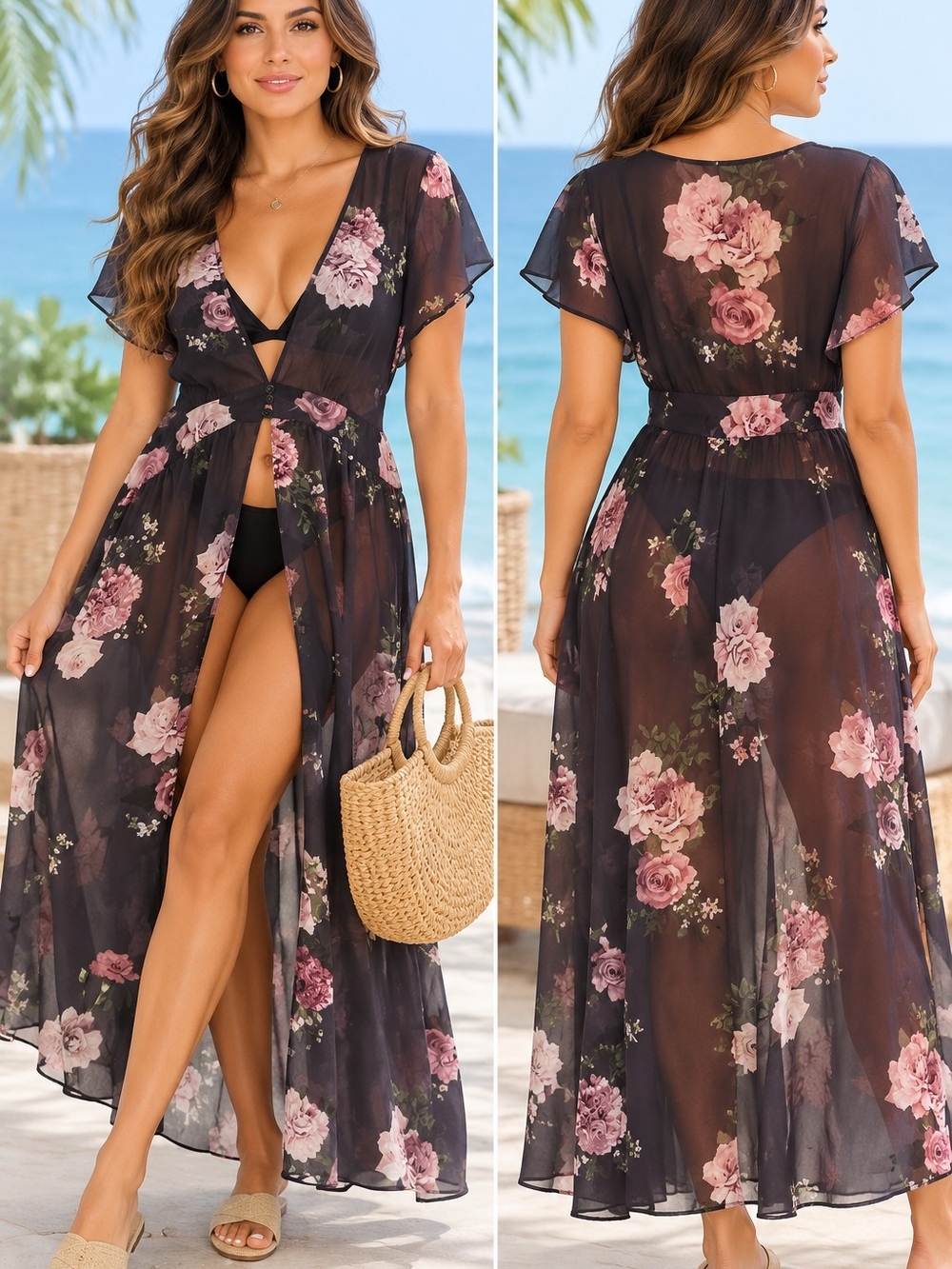Live 4 Truth Black Sheer Floral Maxi Coverup with Pink Roses